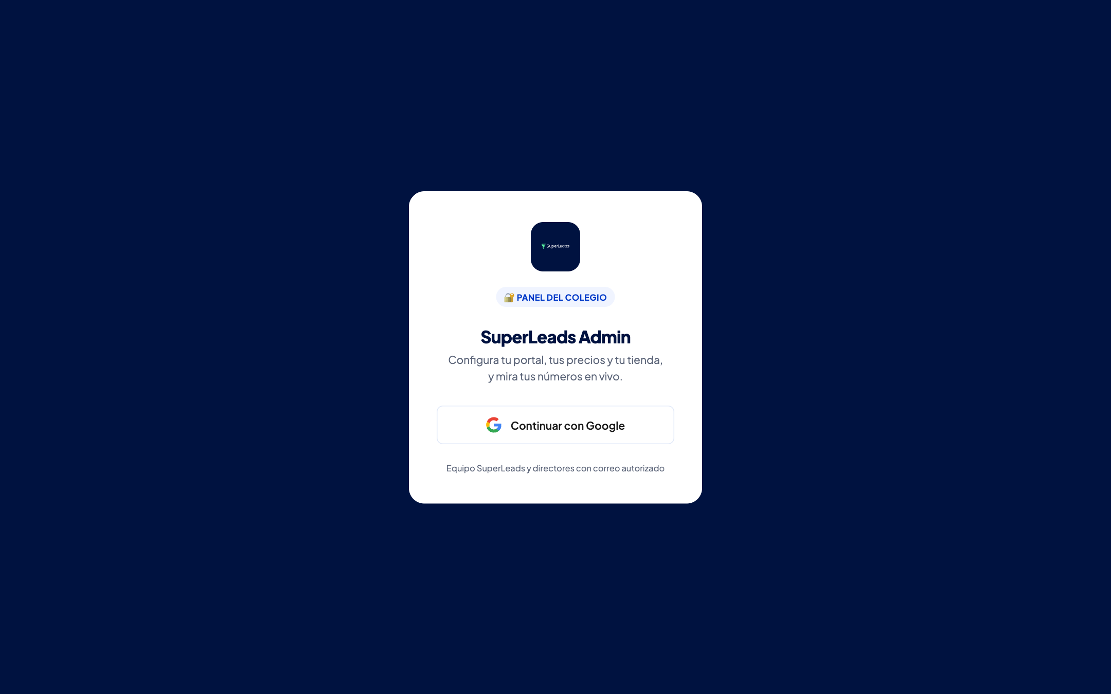 Pantalla de acceso al panel: solo con Google, sin contraseñas compartidas.