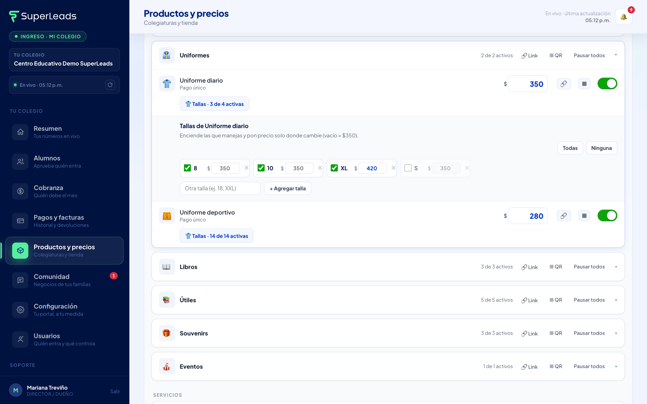 Editor de tallas: encender, apagar, precio por talla y agregar tallas.