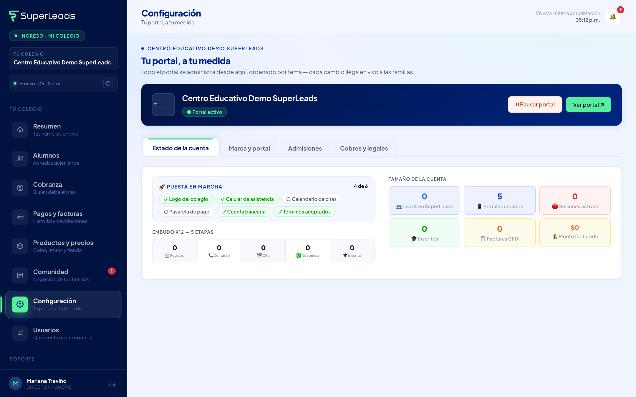 Configuración → Estado de la cuenta: la banda de tu colegio, las pestañas por tema, puesta en marcha, embudo y tamaño de la cuenta.