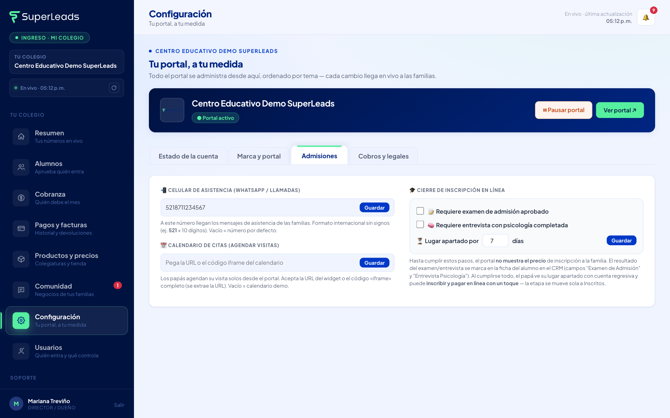Los ajustes de admisiones: celular de asistencia, calendario y requisitos de inscripción.