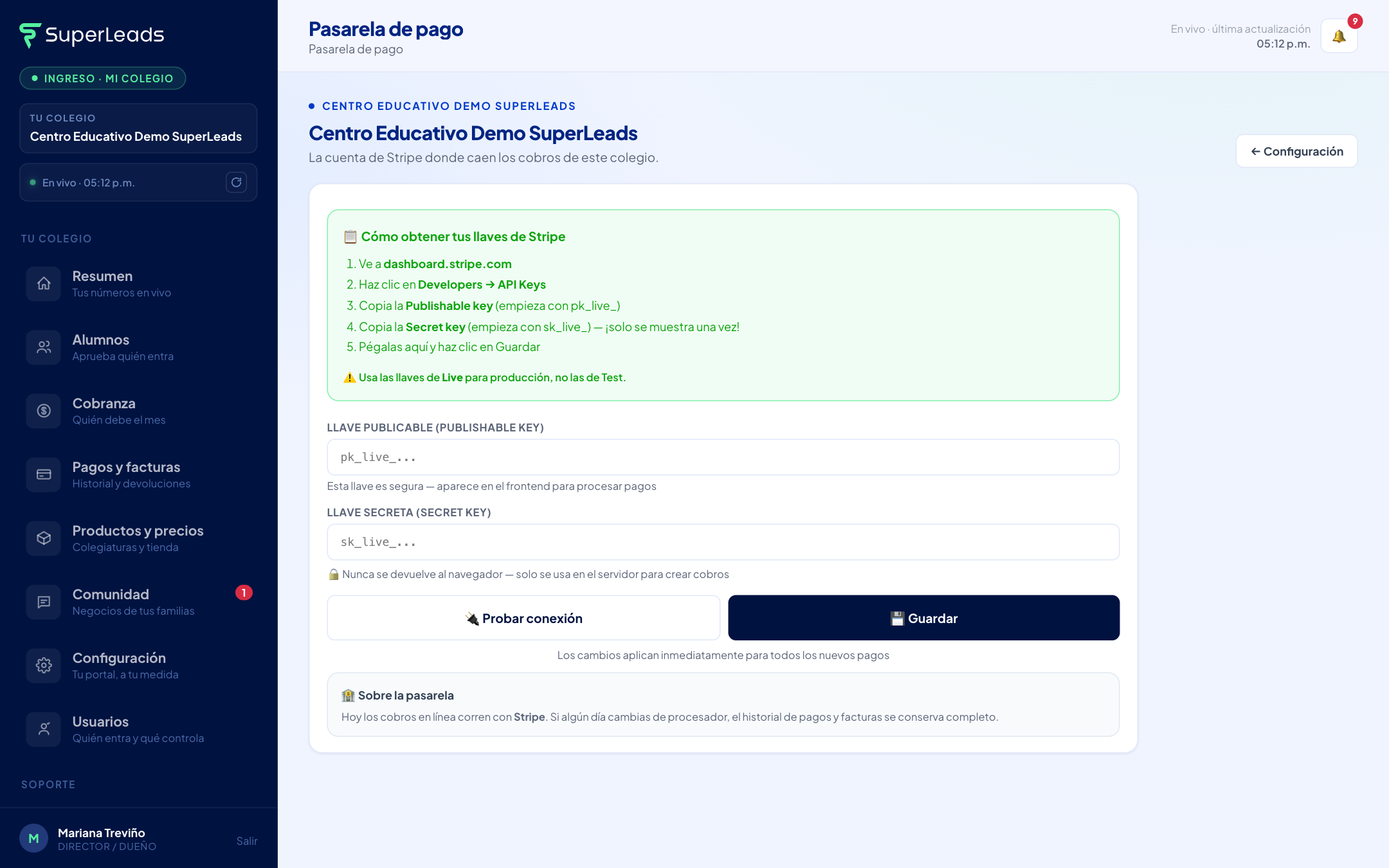 La pantalla de pasarela: probar y guardar tu cuenta de Stripe.
