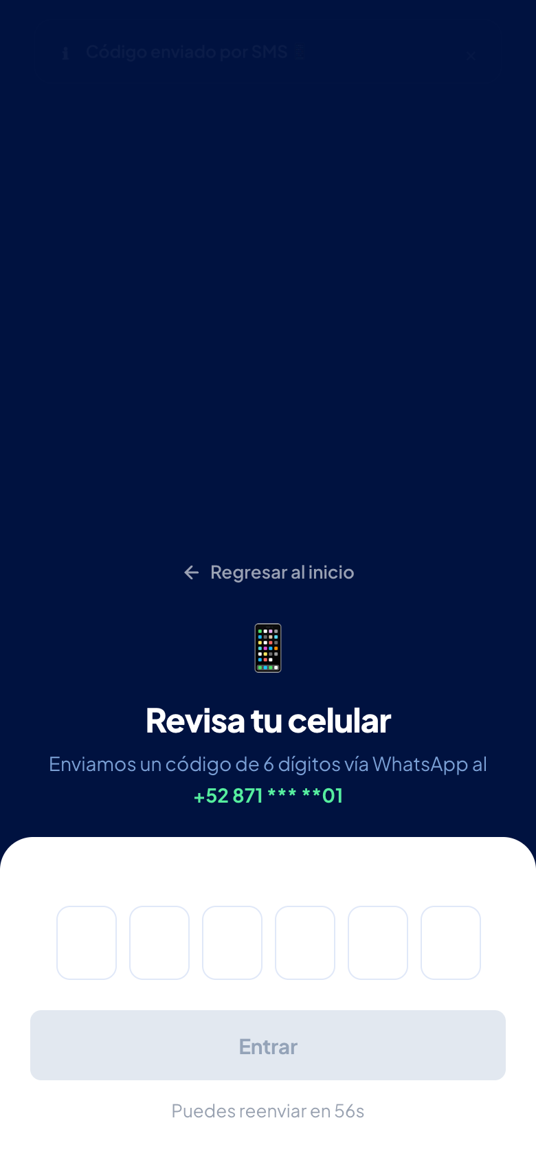 Escribe el código de 6 dígitos que te llegó. Si no llega, espera el contador y toca Reenviar.