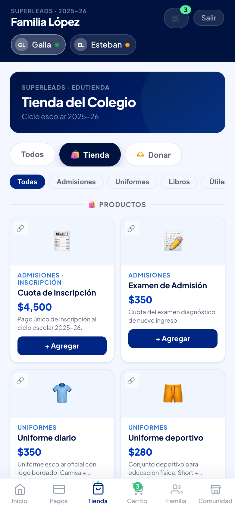 La EduTienda del colegio, con categorías, precios y el carrito siempre a la mano.