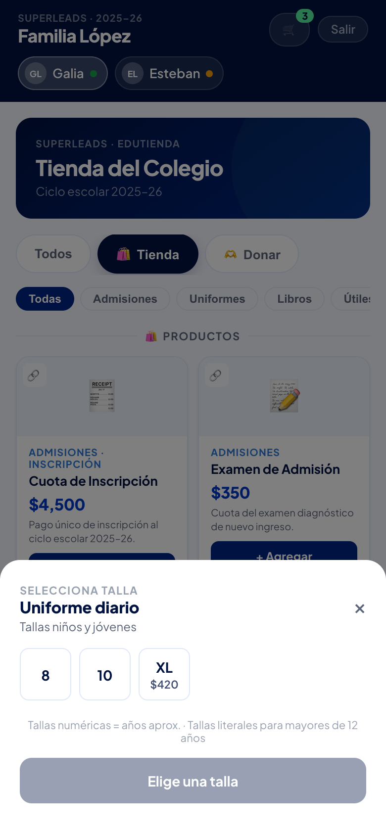 Selector de talla: solo aparecen las tallas que el colegio maneja.