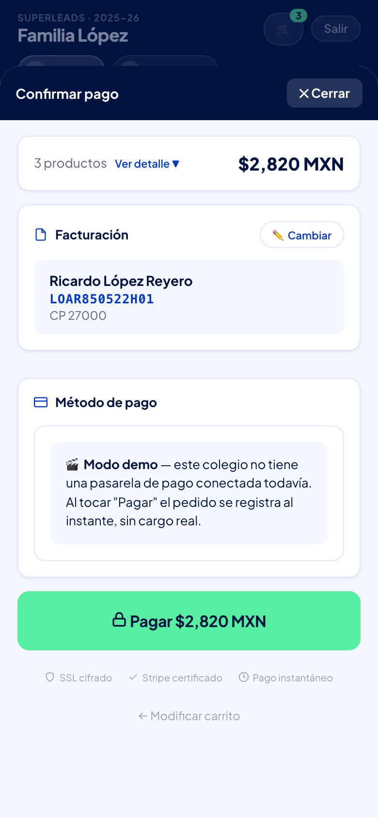 Confirmación de pago: resumen, facturación y método de pago.
