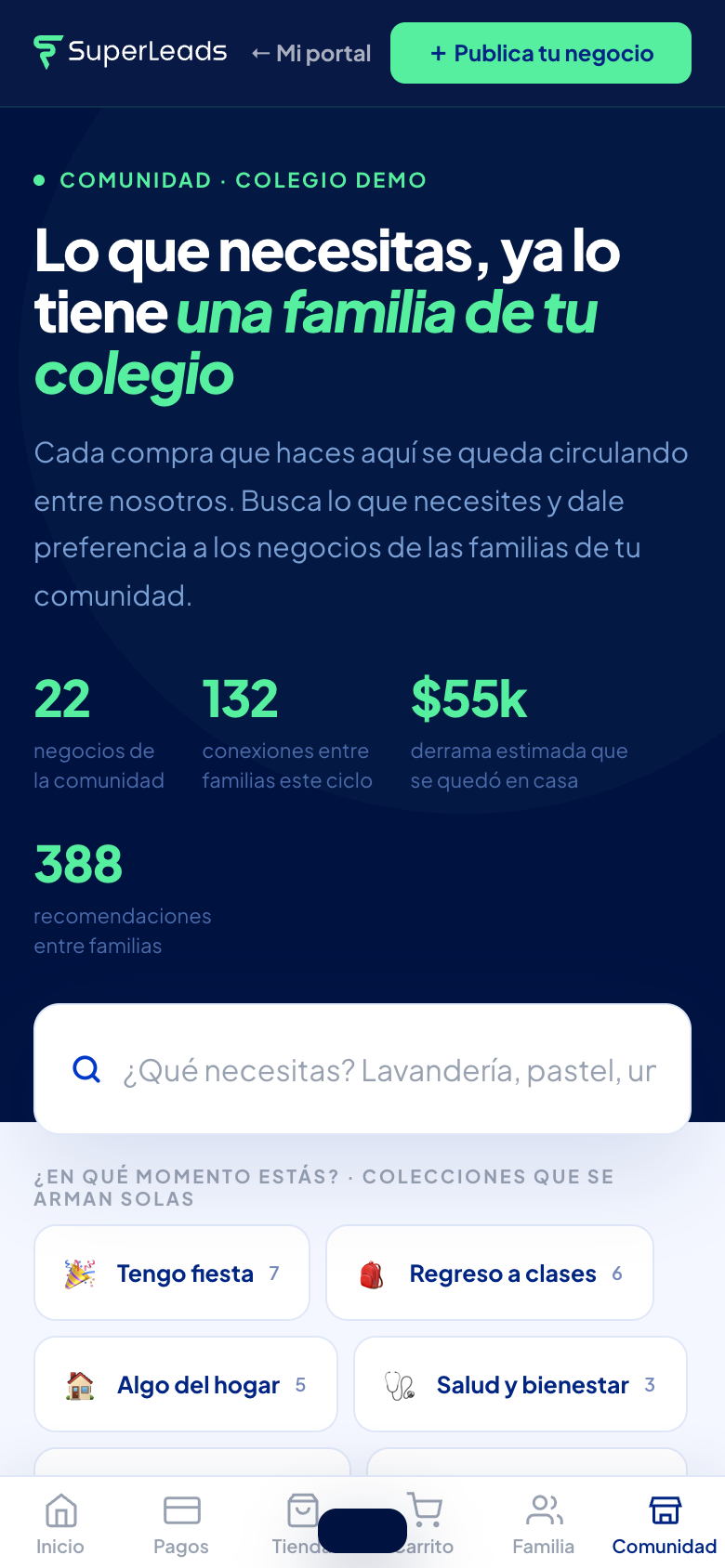 El directorio: buscador, colecciones por momento y negocios destacados.
