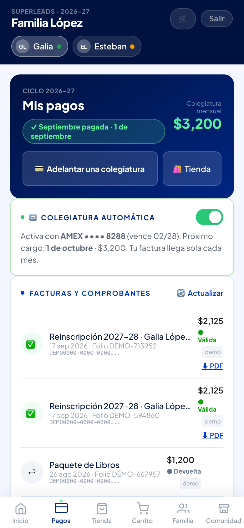 Pagos con la colegiatura del mes y el cobro automático activo: tarjeta, próximo cargo e interruptor.