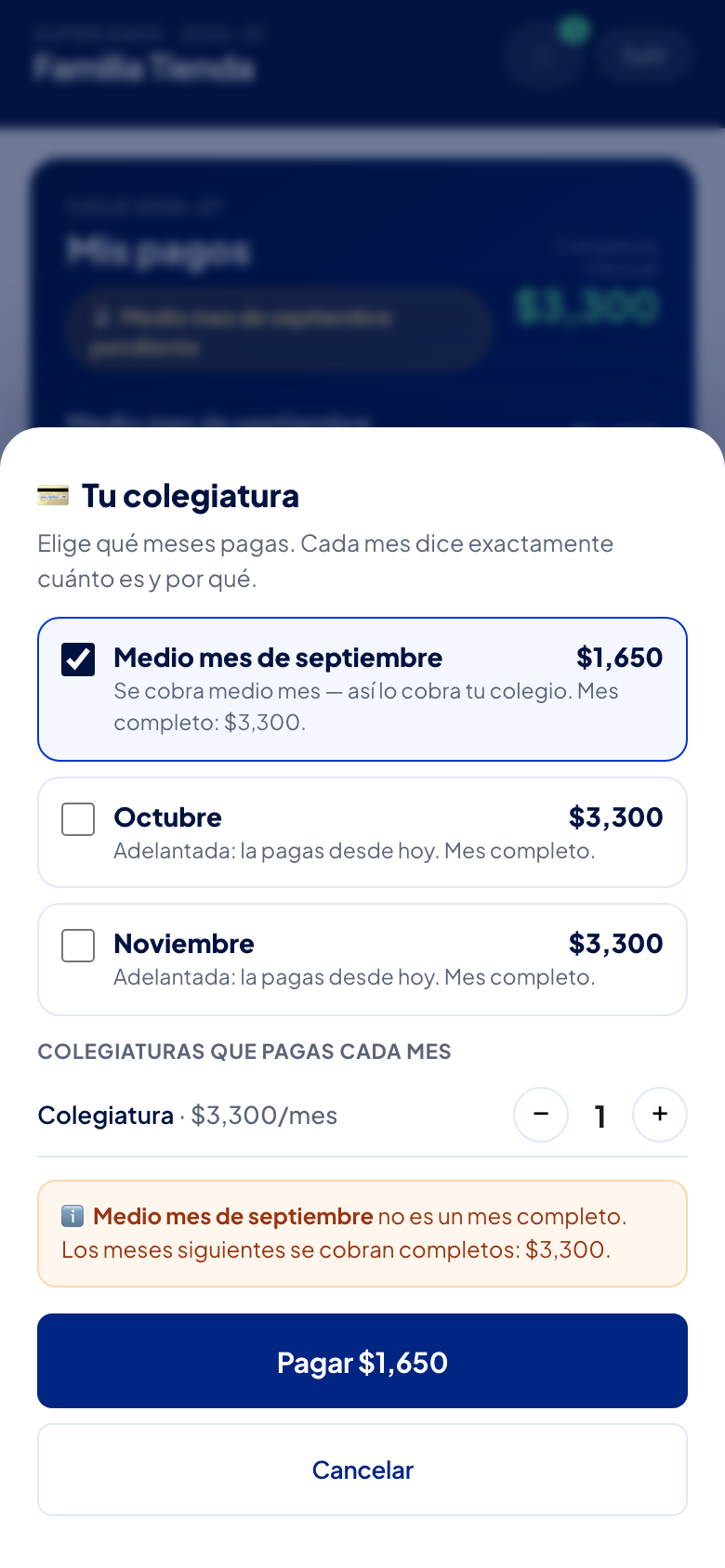 Tu hoja de colegiatura: cada mes con su monto y el porqué, cuántas colegiaturas pagas y el total.